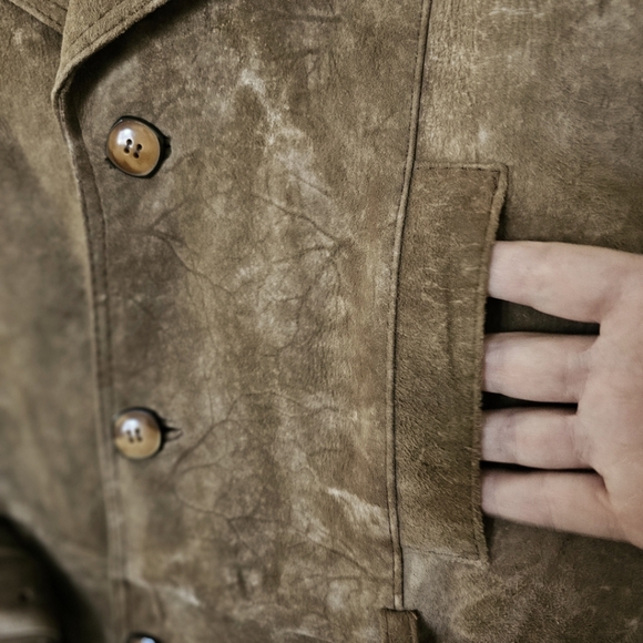 Vintage 70s Handmade Buckskin Suede Trench Coat Natural Undyed Leather Unisex - Picture 7 of 8